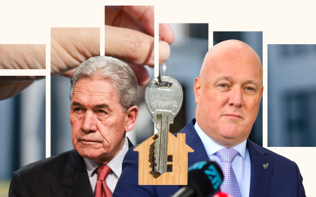 Composite of Christopher Luxon, Winston Peters and hand with house keys.