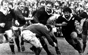 Ian Kirkpatrick and Billy Bush in action during the 2nd rugby union test match between the All Blacks and British & Irish Lions, Christchurch, 1977.