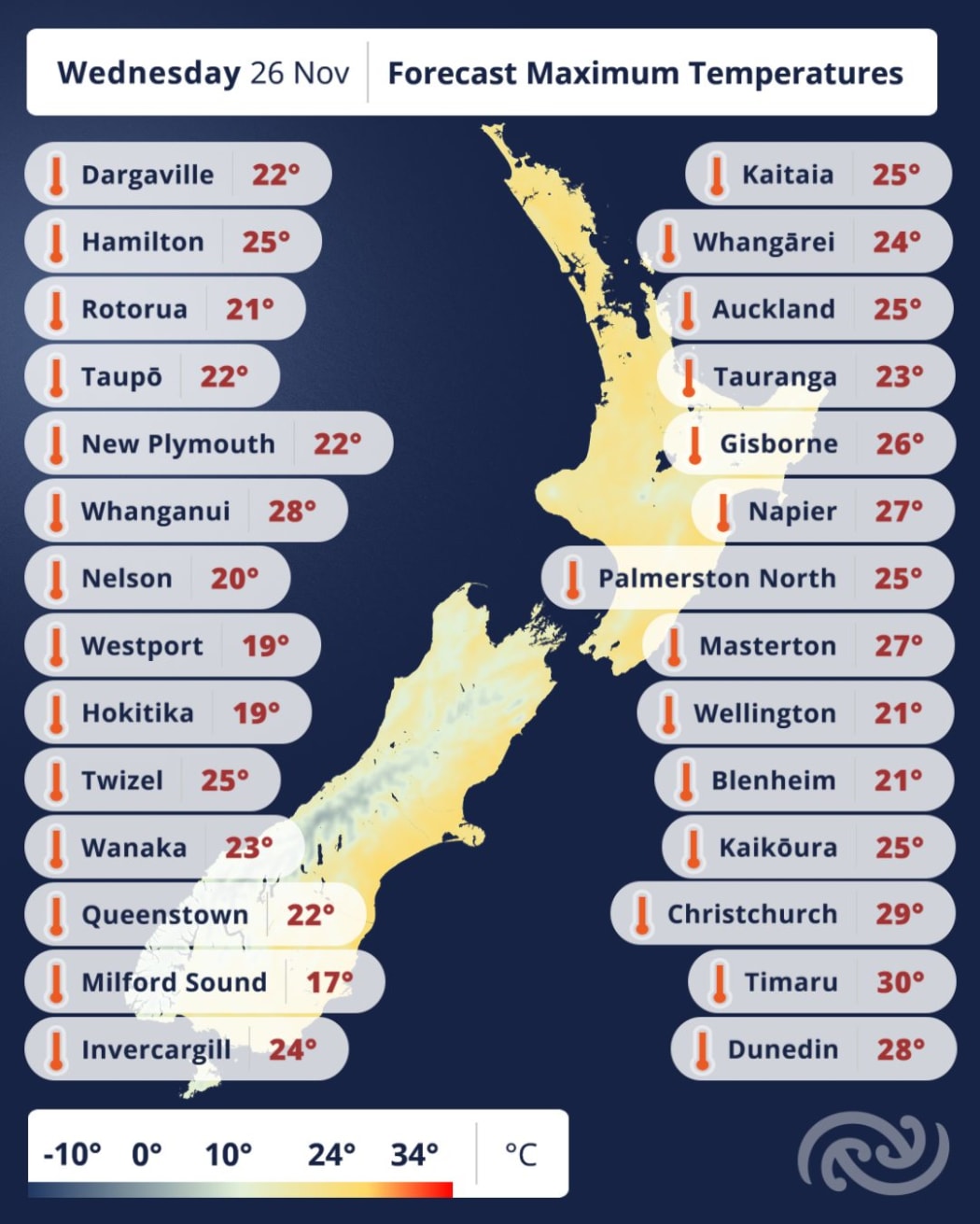 Forecast maximum temperatures for Wednesday 26 November.