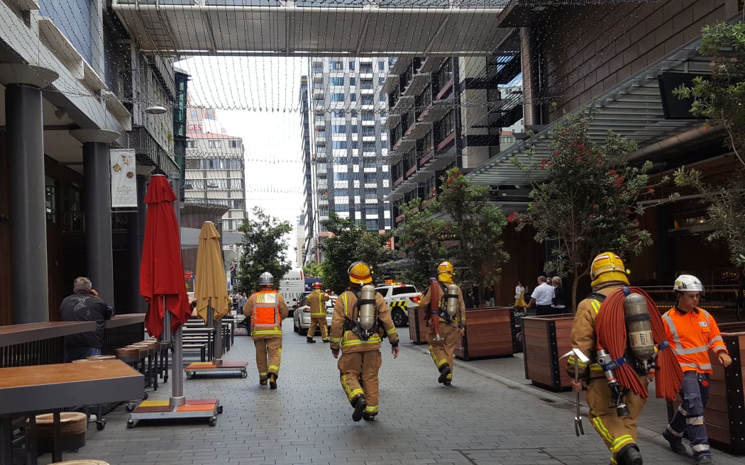 Firefighters at the scene of a small fire at the Sky City complex in central Auckland.