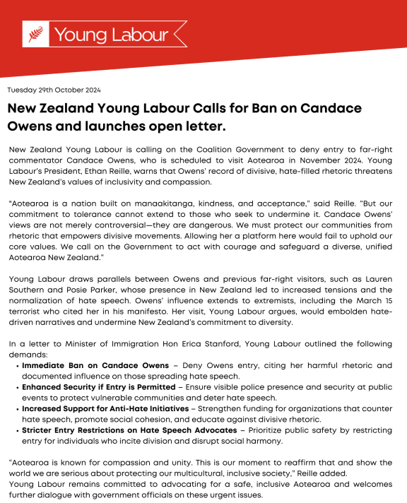 An open letter calling for the government to deny entry to conservative US commentator and influencer Candace Owens.