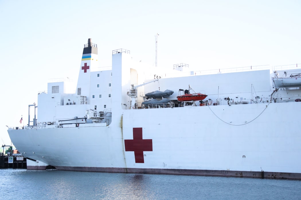 United States Navy Hospital Ship USNS Mercy arrives at the Port of Los Angeles to assist with the coronavirus Covid-19 pandemic.
