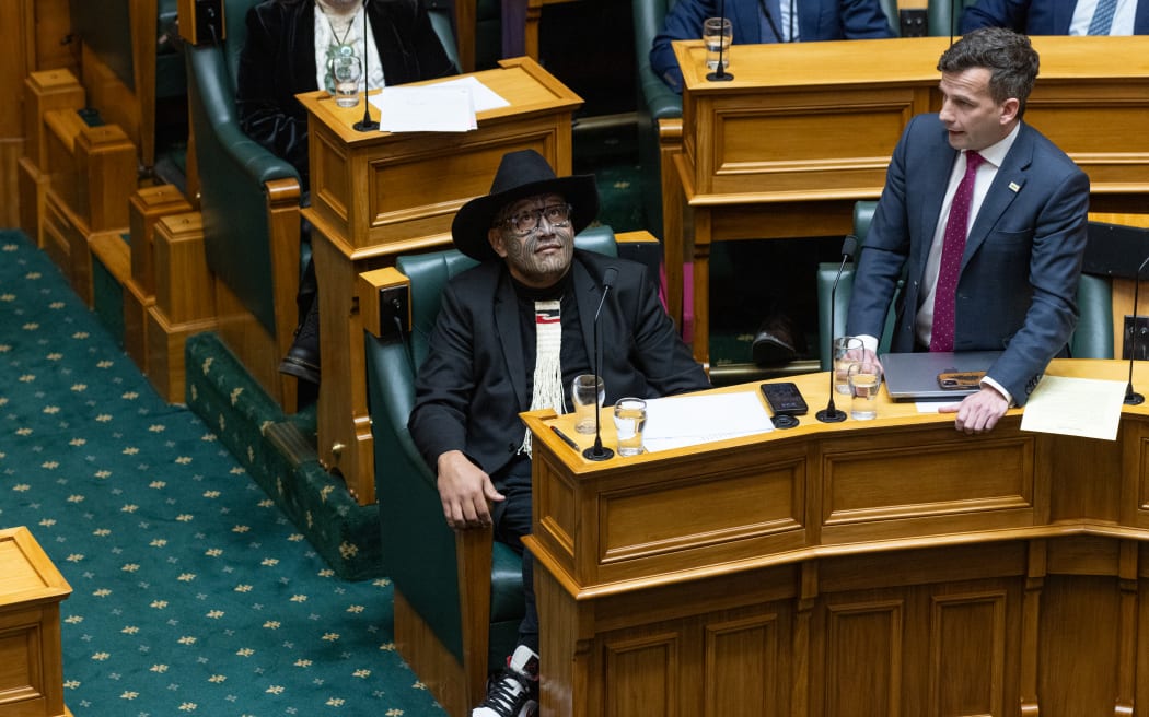 Te Te Pāti Māori Maori Leader Rawiri Waititi contemplates the stained glass ceiling while his neighbour, ACT Leader David Seymour complains tot he Speaker about him.