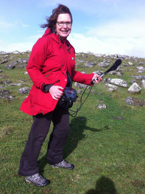 Producer Alison Ballance leans into the gale force winds that were blasting the proposed wind farm site and threatening to blow her off her feet as she recorded this story.