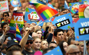 Demonstrators taking part in a same-sex marriage rally in Sydney.
