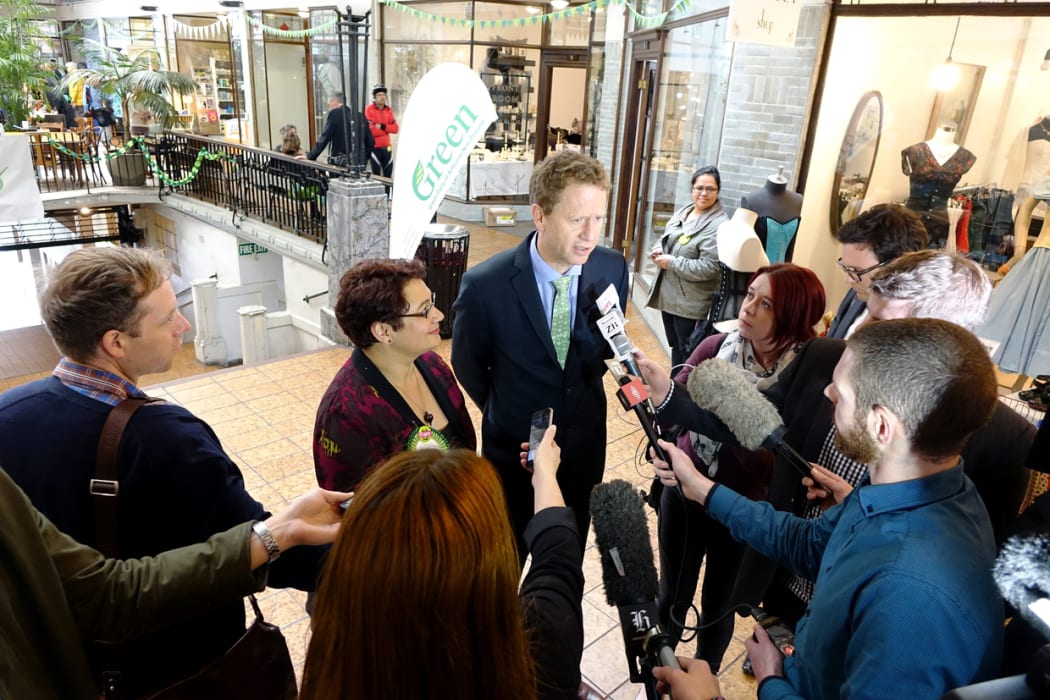 Green Party co-leaders Metiria Turei and Russel Norman speak to media after the party's election closing event.