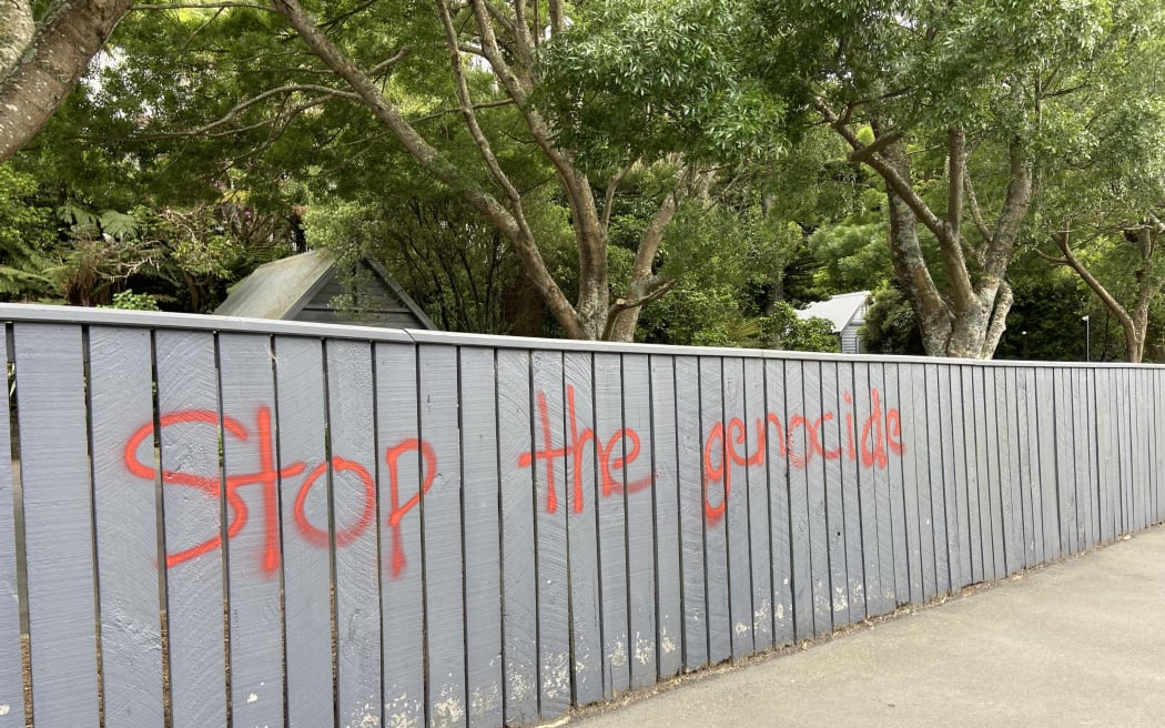 Tagging on the fence outside Premier House in Wellington on 14 November, 2023.