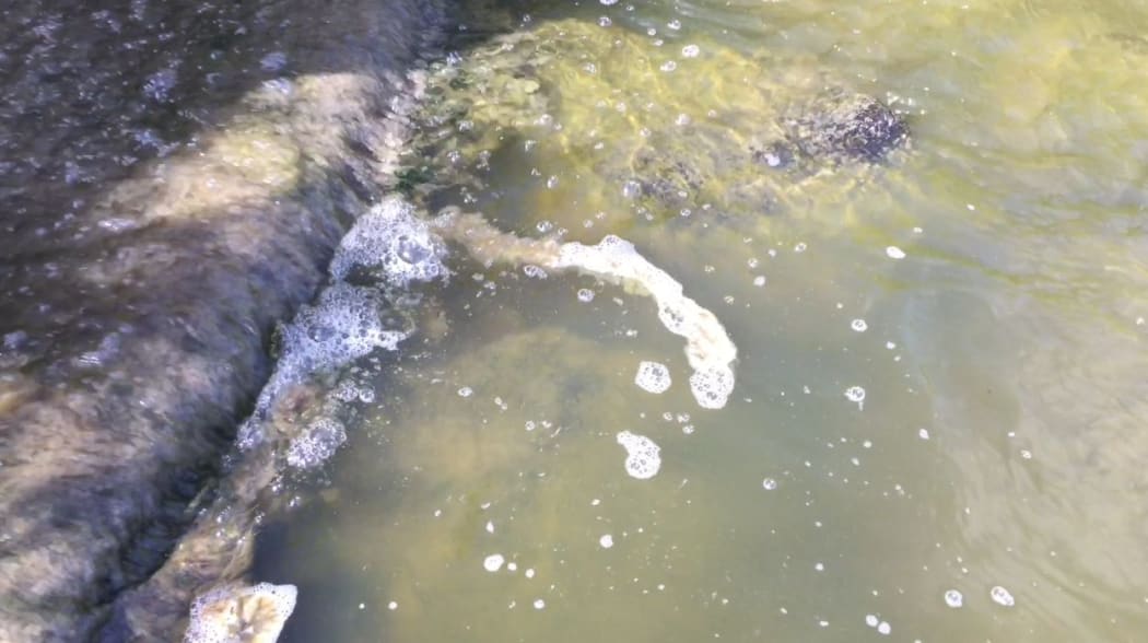 The video's narrator describes toilet paper and "raw sewage" flowing from a wastewater treatment plant into the Mangaore Stream.