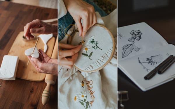 A composite of images of people doing craft hobbies including clay, embroidery, and sketches in a pad.