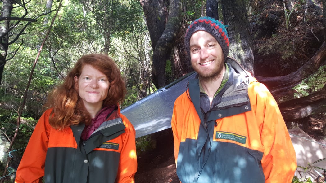 Anchor Island kākāpō rangers Sara Larcombe and Brodie Philp, in front of Yasmine's nest which is protected from the rain with a tarpaulin.