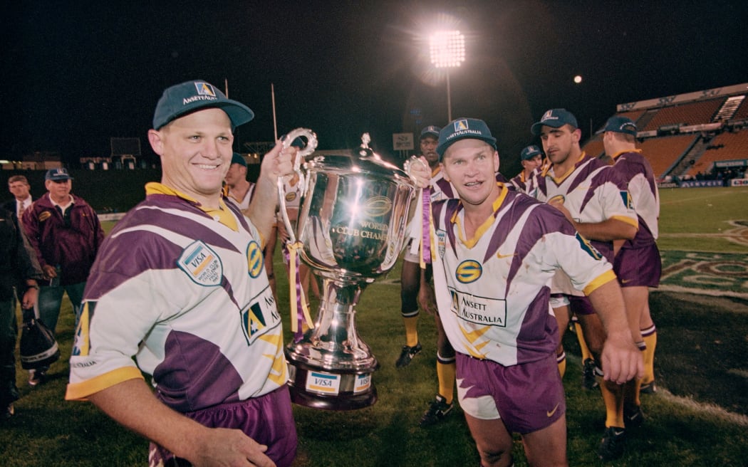 Kevin Walters and Allan Langer after the Brisbane Broncos v Hunter Mariners match at Auckland, 1997.