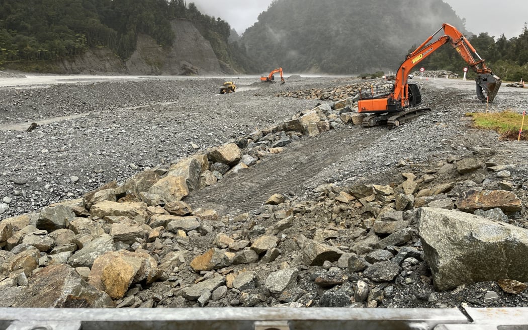 A view of the Waiho River Bridge looking to the south bank where stage one work for Franz Josef flood protection has already started by adding rockwork above the bridge. The previous bridge was washed away in March 2019.
