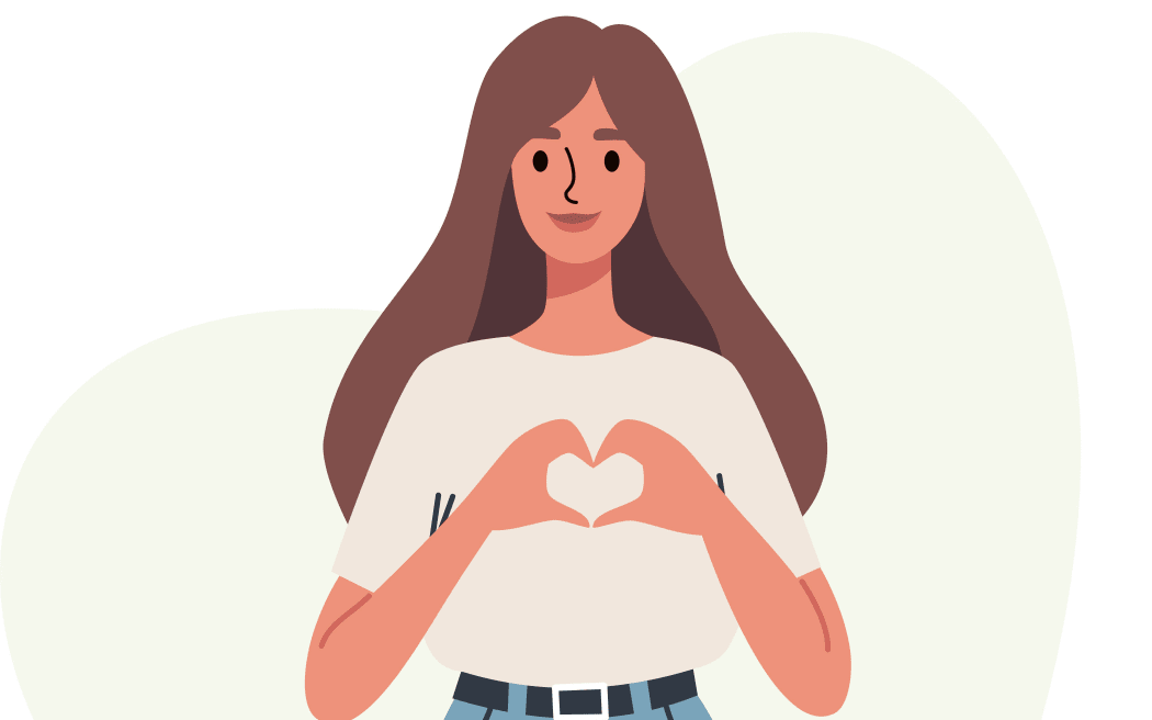 Flat vector illustration. Cute woman standing and showing heart with two hands . Vector illustration