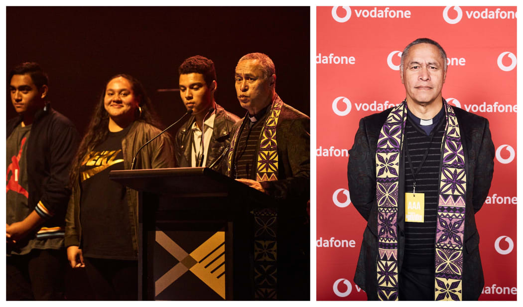 Rev Mua Strickson-Pua, right, and in action at the Pacific Music Awards.