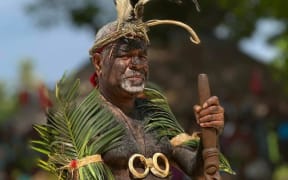 President of the Malvatumauri Council of Chief Paul Robert Ravun Merhimba DangDang at the reopening of the rebuilt nakamal. Pictured on Mar. 5, 2025.