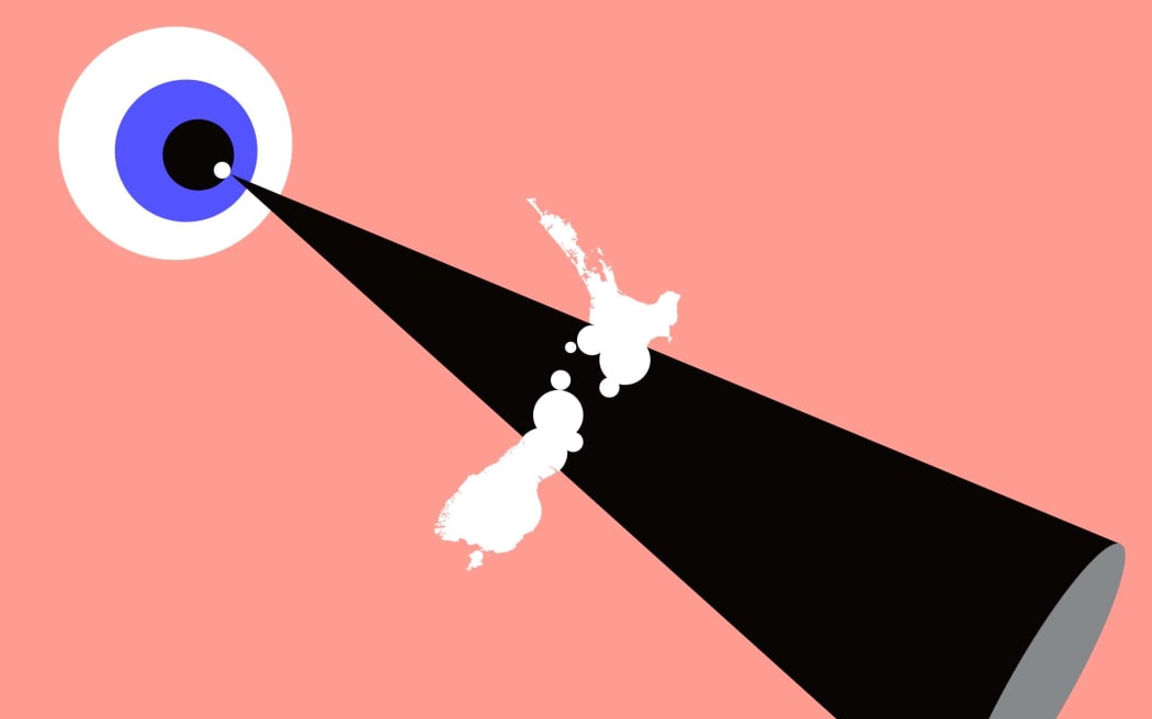 Graphic picture of cartoon eye looking over NZ map.