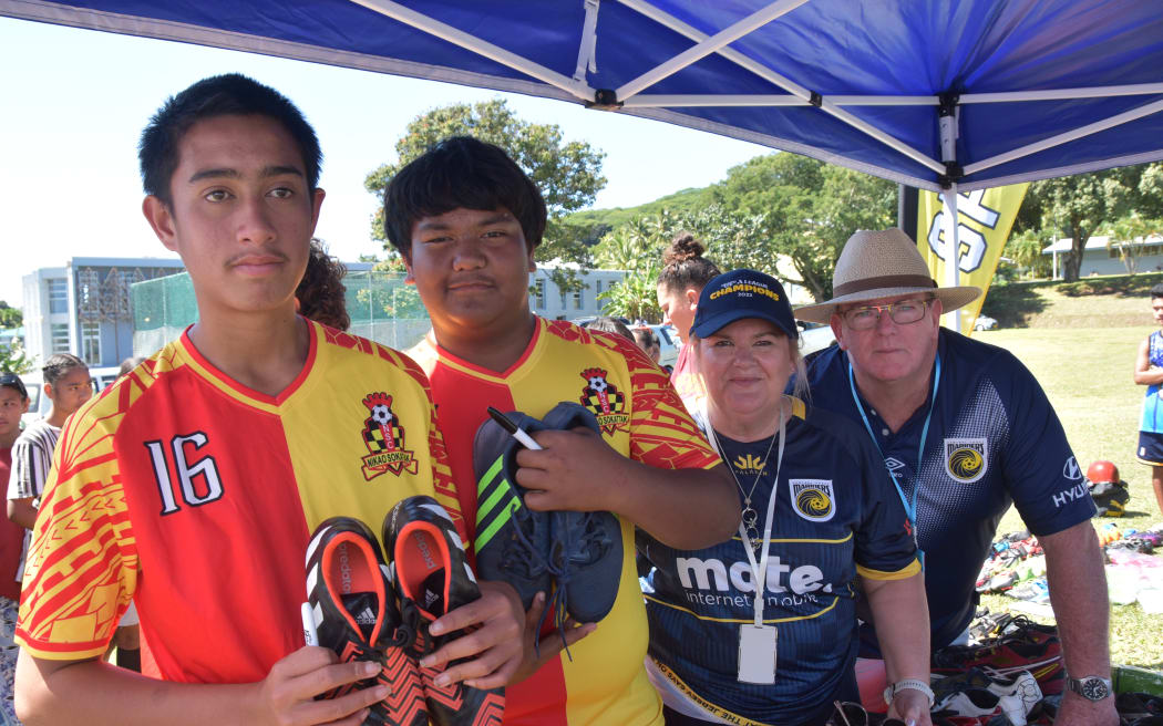 From left: Harold Rassmussen and Mahuta Rassmussen, both 14, with Sharon Pascoe and Wayne Parrott