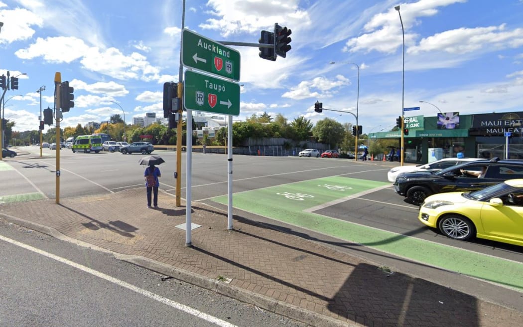 The Ōhaupō Rd and Kahikatea Dr intersection in Hamilton where a ute hit a power pole on Thursday, May 15, 2025, killing a 30-year-old pedestrian. Police launched a homicide investigation.