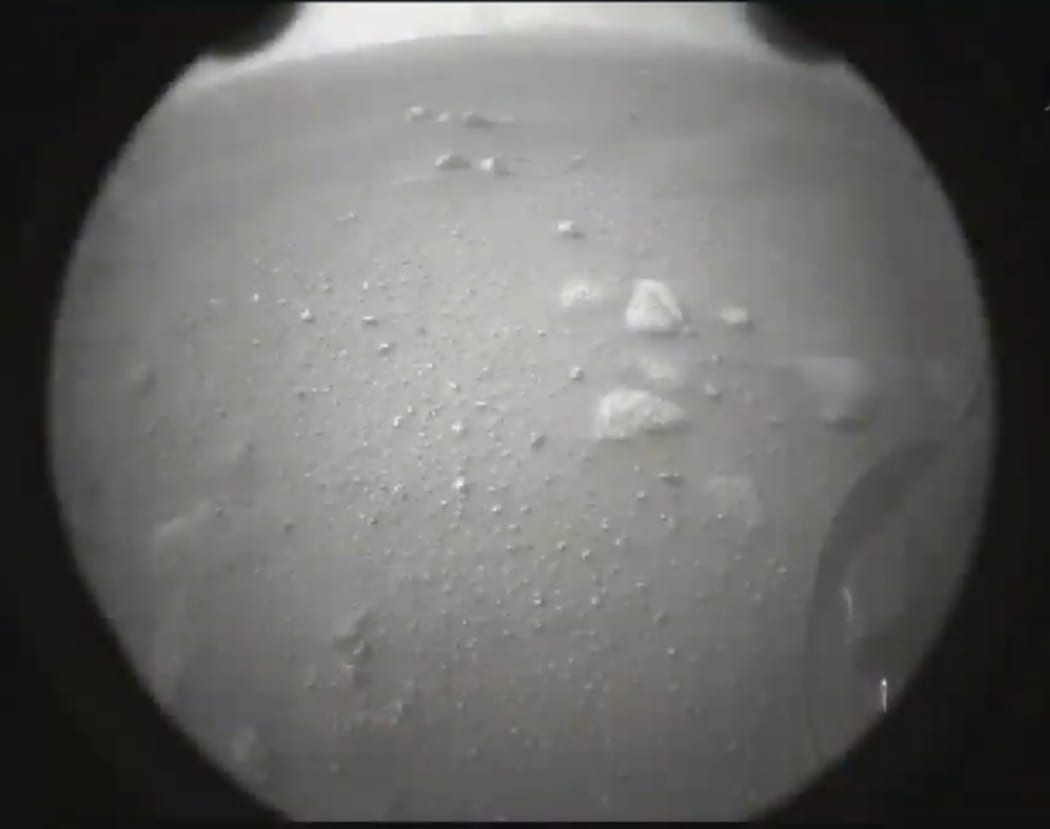 One of the first images from NASA's rover Perseverance after landing on Mars.