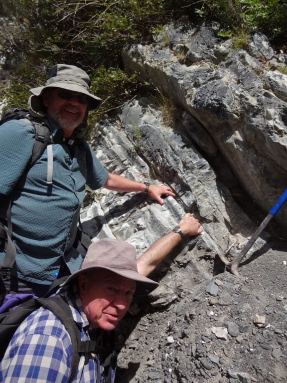 Chris Hollis, left, and Percy Strong from GNS Science are holding on to the K-T boundary layer.