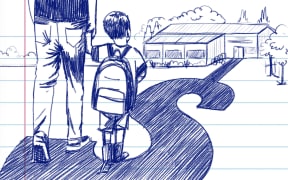 Pen sketch of father and son holding hands and walking to school