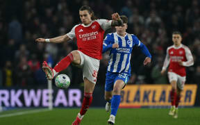 Arsenal defender Riccardo Calafiori controls the ball during the English Premier League football match against Brighton and Hove Albion in Brighton, March 4, 2026. (Photo by Glyn KIRK / AFP) / RESTRICTED TO EDITORIAL USE. NO USE WITH UNAUTHORIZED AUDIO, VIDEO, DATA, FIXTURE LISTS, CLUB/LEAGUE LOGOS OR 'LIVE' SERVICES. ONLINE IN-MATCH USE LIMITED TO 120 IMAGES. AN ADDITIONAL 40 IMAGES MAY BE USED IN EXTRA TIME. NO VIDEO EMULATION. SOCIAL MEDIA IN-MATCH USE LIMITED TO 120 IMAGES. AN ADDITIONAL 40 IMAGES MAY BE USED IN EXTRA TIME. NO USE IN BETTING PUBLICATIONS, GAMES OR SINGLE CLUB/LEAGUE/PLAYER PUBLICATIONS. /
