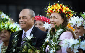 Minister for Pacific Peoples Aupito Su'a William Sio (left) and Green Party co-leader Marama Davidson (right) with members of the Cook Island Community at Parliament to commemorate the 125th anniversary of women's right to vote in New Zealand.