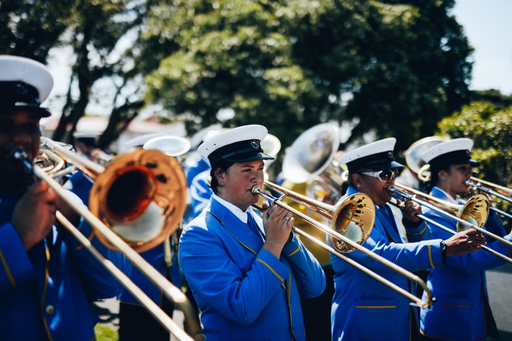 A band leads the procession of followers into Rātana temple as morehu celebrate the birthday of the faith's founder on 25 January, 2021.