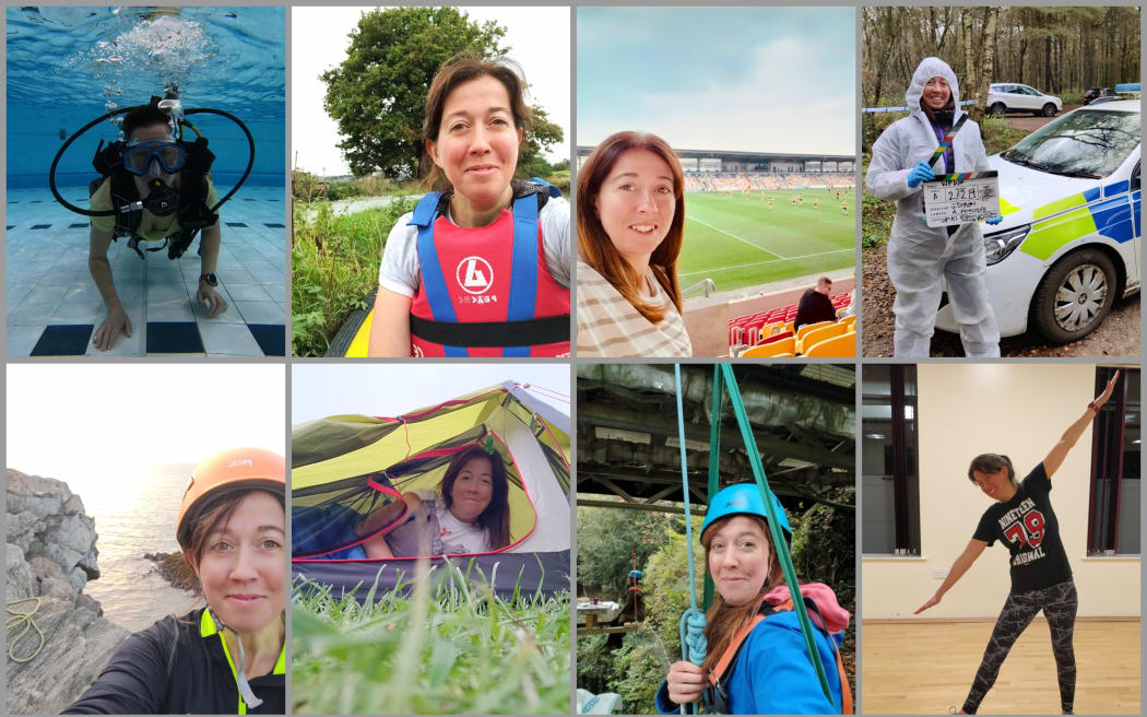 Sally Millington trying a selection of activities, including scuba diving, abseiling, canoeing, jazz dance, being an acting extra, solo climbing and watching a rugby league game live.