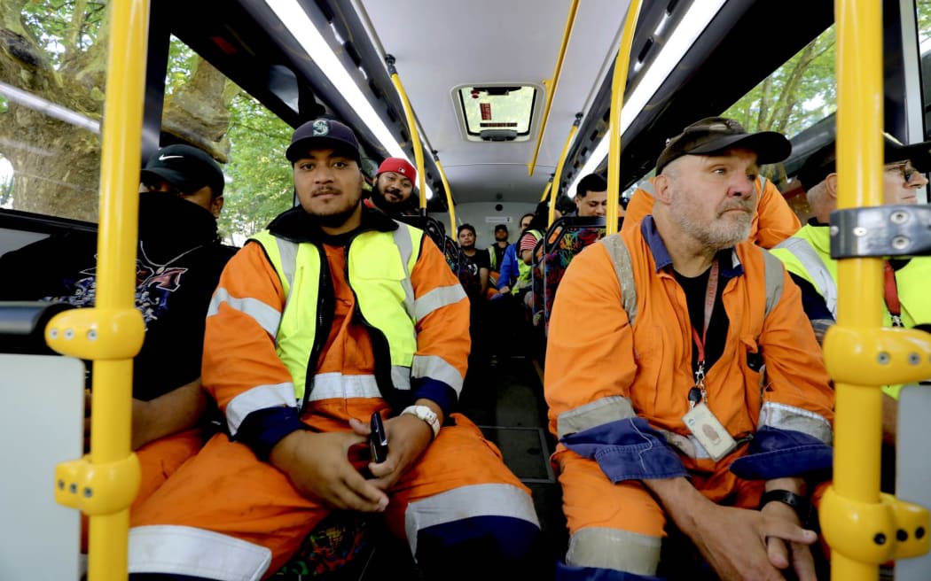 Port of Auckland workers on the bus back to work after demonstrating outside Auckland Town Hall in opposition of mayor's plan to see the port's land.