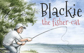 Book cover for "Blackie the Fisher-Cat": drawing of an old man looking happily at a black cat as he fishes by the water.