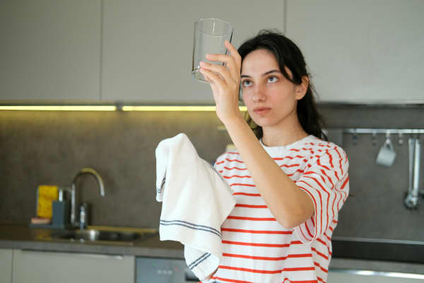 A person holding a tea towel in one hand, examines a cup to see if it is clean.