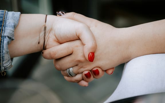 Close-up of two hands shaking.