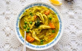 Chicken risoni soup with turmeric and lemon by Kelly Gibney.