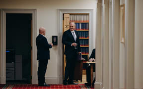 Leadership challenger Todd Muller (right) heads to caucus