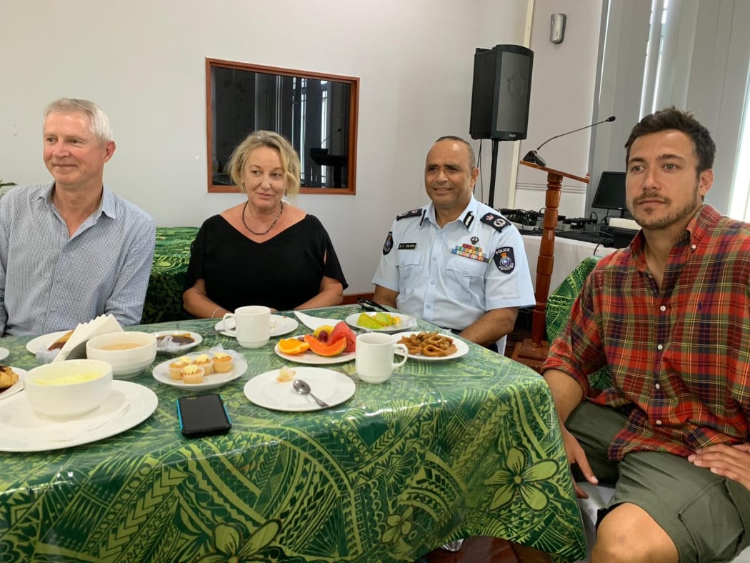 Newsroom co-editor Mark Jennings, investigations editor Melanie Reid and cameraman Hayden Aull at morning tea  with Police Commissioner Sitiveni Qiliho.
