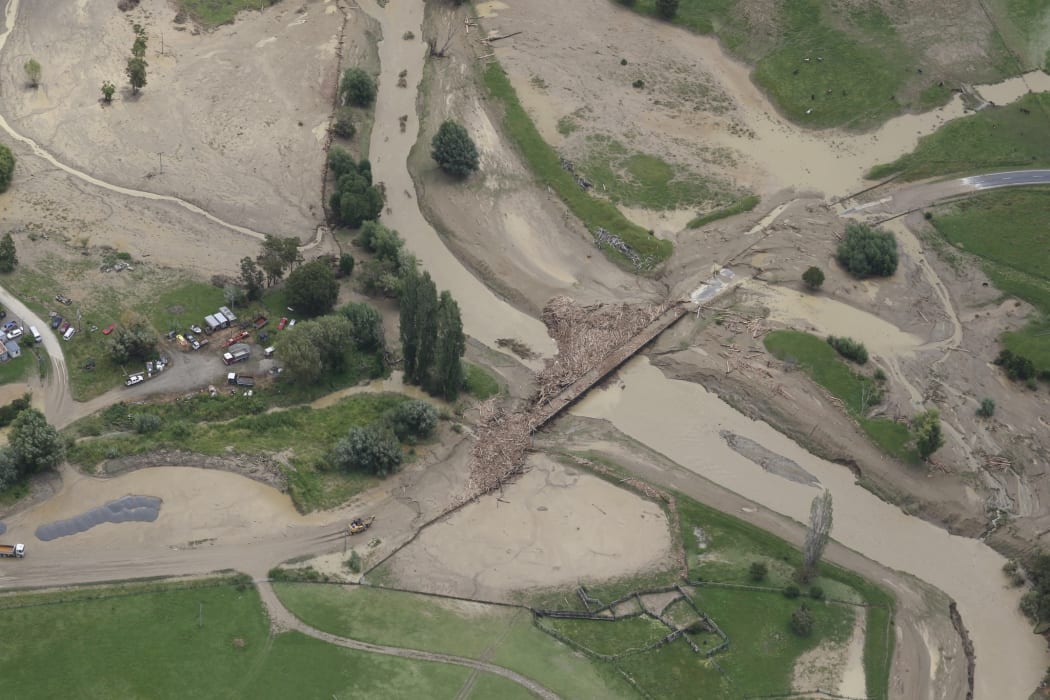 Wigan Bridge on Tauwhareparae Road out of Tolaga Bay, after Cyclone Hale's destruction.