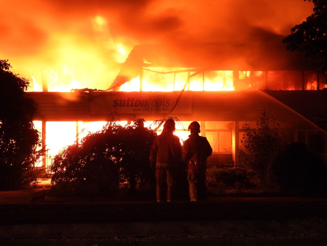 Firefighters at the Kaiapoi factory fire that broke out last night.