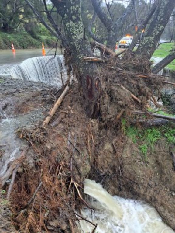 Heavy rain caused a slip on State Highway 35 north of Tologa Bay on 24 June, 2023.