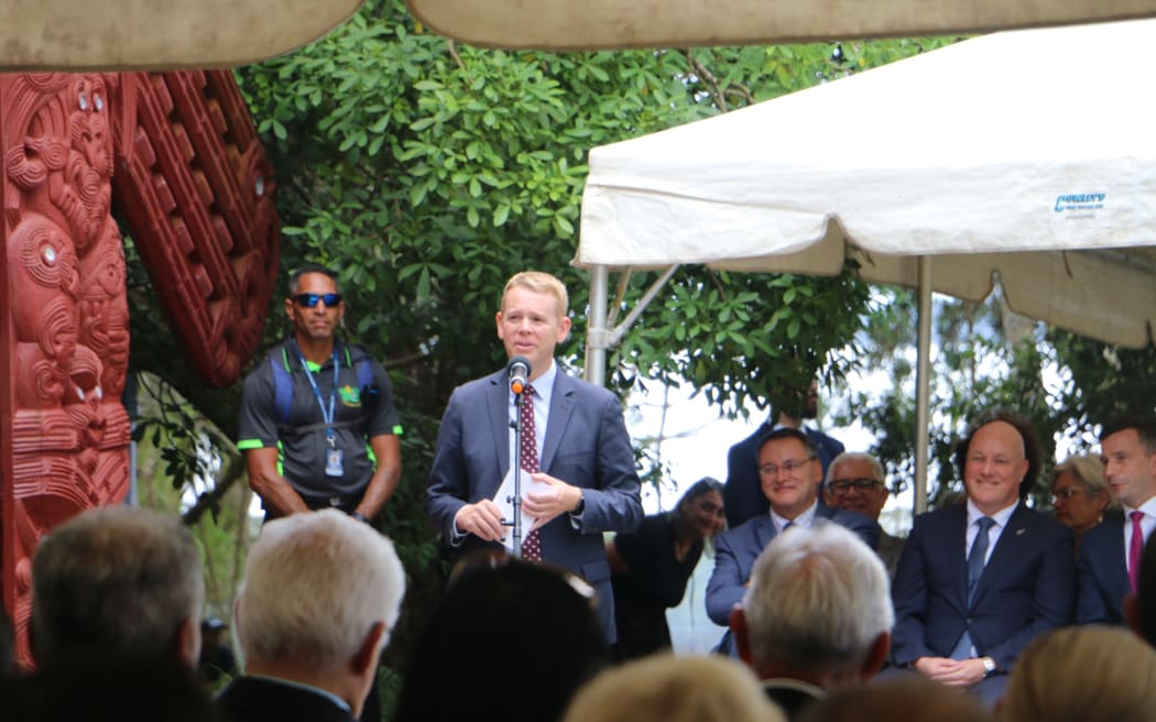Prime Minister Chris Hipkins speaking at Waitangi in 2023.