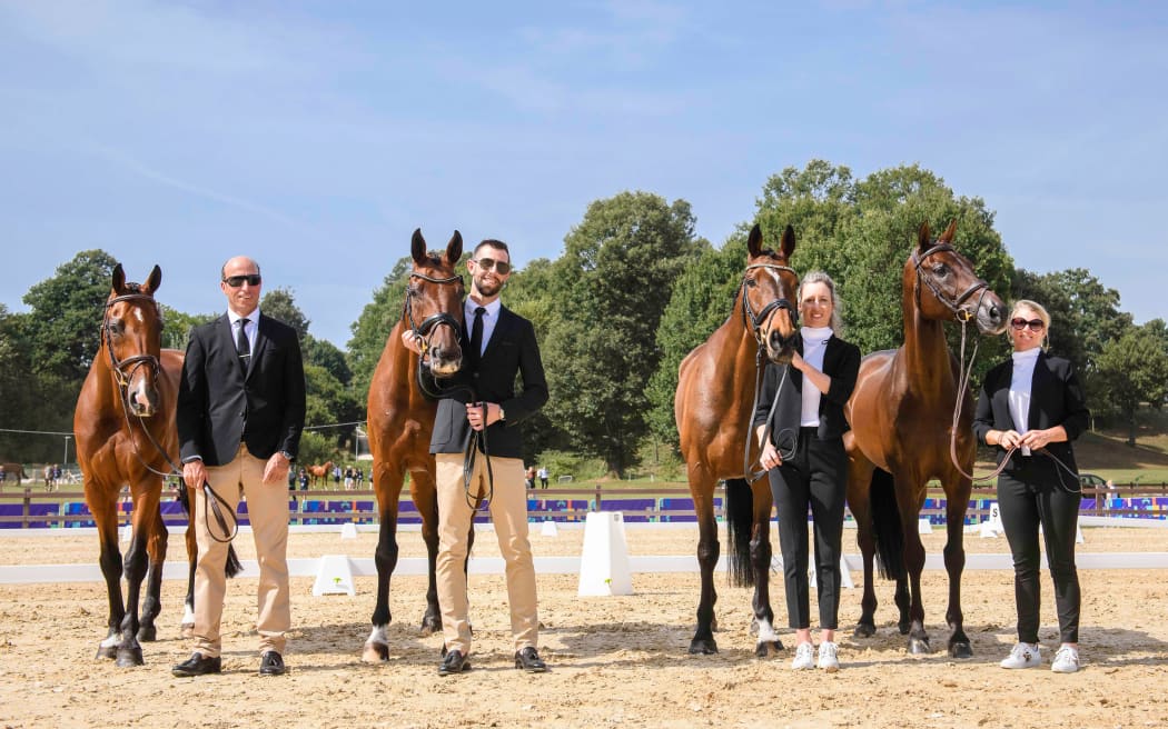 Tim Price, Clarke Johnstone, Monica Spencer and Jonelle Price at the 2022 World Eventing Championship in Italy.