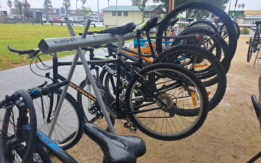 Bikes on a rack at the hub.