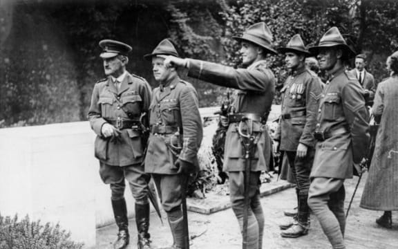 Lieutenant Averill points out where he scaled Le Quesnoy's walls in 1923.
