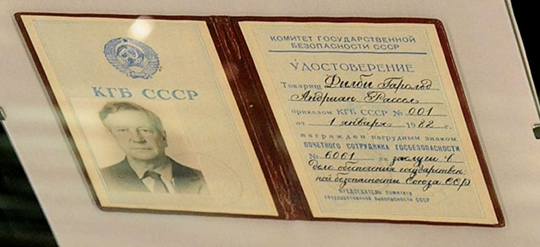 The KGB ID card of British double agent Kim Philby is displayed at the exhibition 90 years of Russia's Foreign Intelligence Service in Moscow, on December 22, 2010.