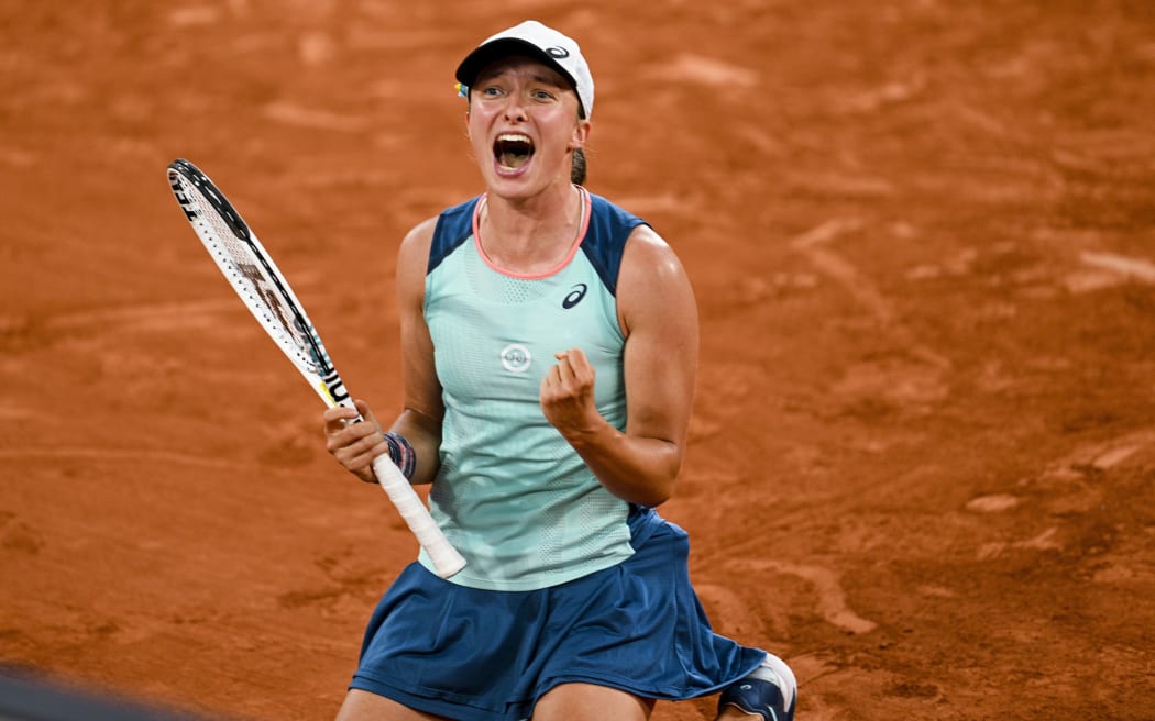Iga Swiatek (POL) celebrates winning the final.
Women's singles final at the The French Open, also known as Roland-Garros tennis tournament at the Stade Roland Garros, Paris, France on Saturday 4 June 2022.
Photo: JB Autissier / Panoramic / www.photosport.nz