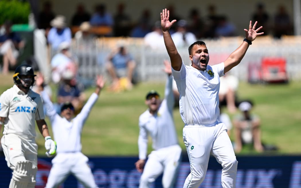Dane Paterson appeals unsuccessfully for a LBW decision during Day 1 of the 1st Cricket test match between New Zealand and South Africa. Bay Oval, Mt Maunganui.