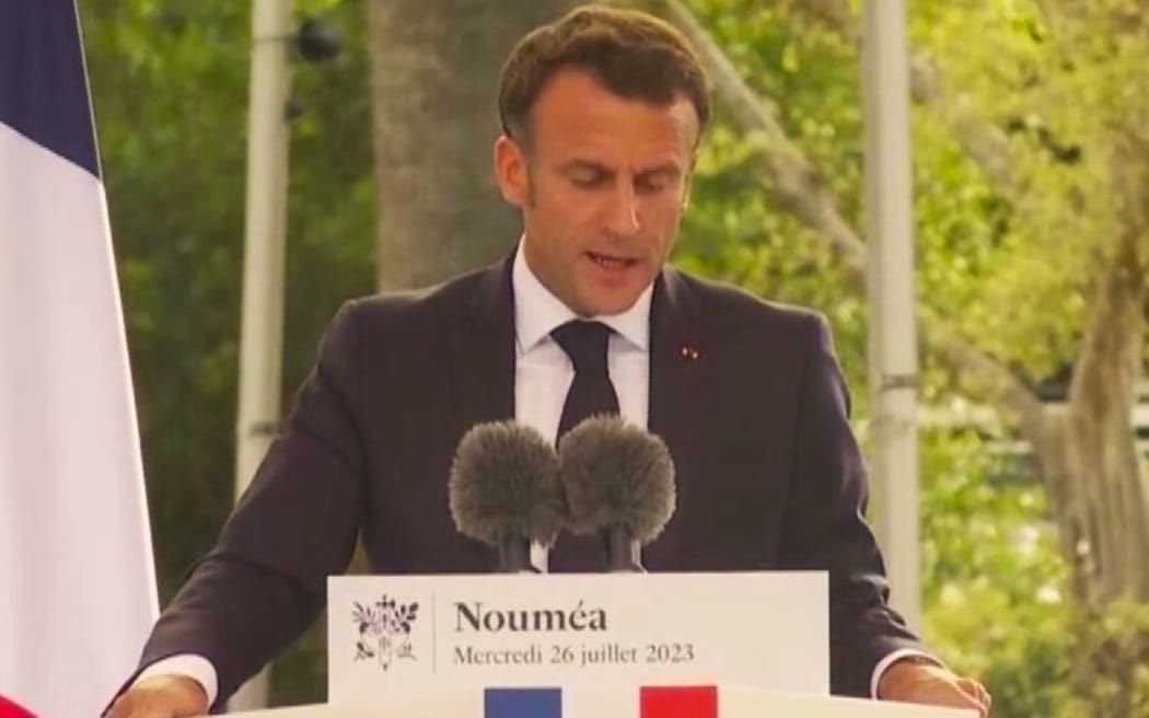 French President Emmanuel Macron delivering a speech in Nouméa on 26 July 2023.