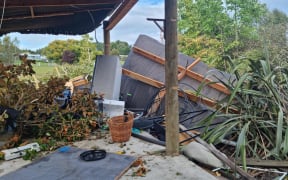 Tornado damage on Westdale Road, Tasman. The roof of a large shed has been blown off.
