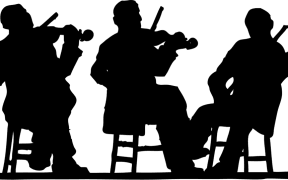 Three violinists in silhouette