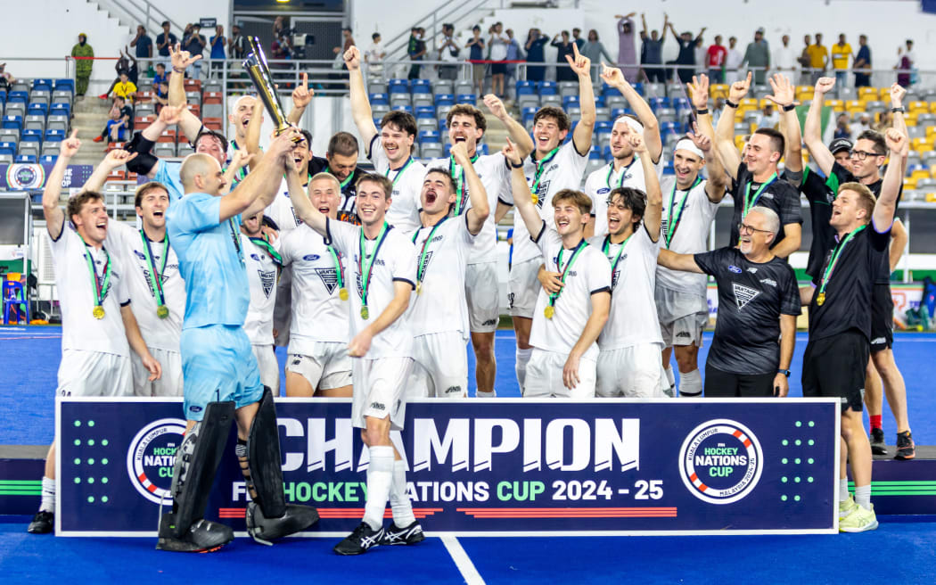 New Zealand Black Sticks men celebrate their win at the 2025 Nations Cup in Malaysia.